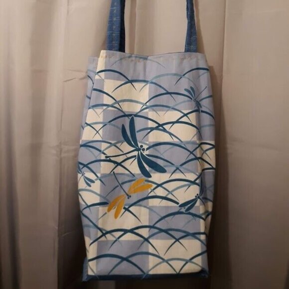 New Dragonfly Tote Shopper shoulder Bag Blue Gold Long 14x17x5" Double handle - Picture 1 of 13
